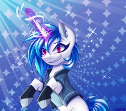 Size: 1700x1500 | Tagged: safe, artist:spirit-fire360, character:dj pon-3, character:vinyl scratch, species:pony, species:unicorn, abstract background, clothing, ear piercing, earring, female, glowing horn, grin, horn, jewelry, long horn, piercing, rearing, shirt, smiling, solo