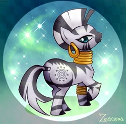 Size: 631x620 | Tagged: safe, artist:araraginatsuki, character:zecora, species:pony, species:zebra, abstract background, butt, female, looking back, mare, pixiv, plot, quadrupedal, raised hoof, solo