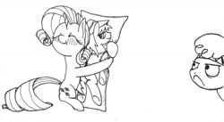 Size: 1280x700 | Tagged: safe, artist:ewoudcponies, character:braeburn, character:little strongheart, character:rarity, species:buffalo, ship:braeheart, ship:rariburn, black and white, blushing, body pillow, eyes closed, female, grayscale, hug, jealous, male, monochrome, shipping, sketch, straight, unamused