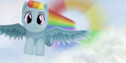 Size: 1500x750 | Tagged: safe, artist:frenkieart, character:rainbow dash, species:pegasus, species:pony, g4, my little pony: friendship is magic, cloud, cool, cute, fast, female, mare, sky, solo, sonic rainboom