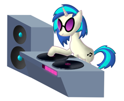 Size: 1213x983 | Tagged: safe, artist:mlplayer dudez, character:dj pon-3, character:vinyl scratch, species:pony, species:unicorn, female, glasses, isometric, record, shading, simple background, solo, speaker, turntable