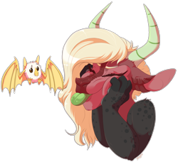 Size: 1710x1558 | Tagged: safe, artist:qatsby, oc, oc only, parent:discord, parent:lord tirek, parents:tirekcord, species:bat, bust, eyes closed, female, fruit bat, horns, interspecies offspring, magical gay spawn, offspring, simple background, solo, spots, squishy cheeks, tongue out, transparent background