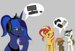 Size: 1462x1000 | Tagged: safe, artist:jellymaggot, character:button mash, character:gizmo, character:princess luna, character:sunset shimmer, species:alicorn, species:earth pony, species:pony, species:unicorn, gamer luna, computer, drawthread, game boy, gamer sunset, headphones, nintendo switch, pc master race, xbox