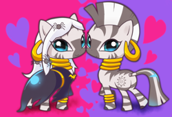 Size: 1118x760 | Tagged: safe, artist:araraginatsuki, character:zecora, species:pony, species:zebra, abstract background, alternate hairstyle, butt, clothing, costume, cute, dress, duality, female, heart, long hair, mare, nightmare night, pixiv, plot, ponidox, quadrupedal, raised hoof, robe, self ponidox, smiling, zecorable