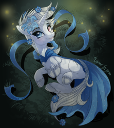 Size: 800x899 | Tagged: safe, artist:a-lunar-eclipse, oc, species:pony, species:unicorn, blue, clothing, cloven hooves, dress, eclipse, firefly, gown, heterochromia, insect, lunar, on back, ribbon, white