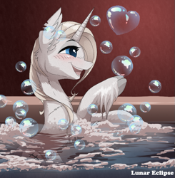 Size: 689x703 | Tagged: safe, artist:a-lunar-eclipse, oc, oc only, oc:lunar eclipse, species:pony, species:unicorn, bathing, blushing, bubble, cloven hooves, heart, open mouth, smiling, solo, suds, unshorn fetlocks, water