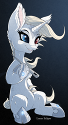Size: 600x1107 | Tagged: safe, artist:a-lunar-eclipse, oc, oc only, species:pony, species:unicorn, eclipse, heterochromia, hoof shoes, lunar, needle, simple background, sitting, solo, white