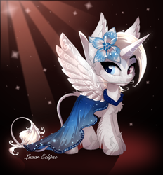 Size: 794x856 | Tagged: safe, artist:a lunar eclipse, artist:a-lunar-eclipse, oc, oc:lunar eclipse, species:alicorn, species:pony, species:unicorn, blue dress, clothing, dress, eclipse, flower, flower in hair, heterochromia, leonine tail, lunar, mouth hold, solo, white