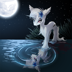 Size: 600x600 | Tagged: safe, artist:a-lunar-eclipse, oc, oc only, oc:lunar eclipse, species:pony, species:unicorn, eclipse, heterochromia, lunar, moon, reflection, solo, water, white