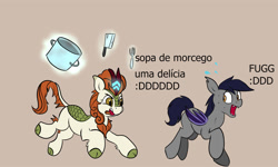 Size: 1167x700 | Tagged: safe, artist:jellymaggot, character:autumn blaze, oc, oc:echo, species:bat pony, species:kirin, species:pony, /mlp/, 4chan, :d, bat pony oc, bat wings, brazilian portuguese, butcher knife, chase, cleaver, coronavirus, covid-19, drawthread, duo, ear tufts, eyes on the prize, female, fork, fug, gray background, leg fluff, levitation, magic, mare, meme, missing cutie mark, open mouth, ponified meme, portuguese, pot, raised hoof, running, scared, simple background, spurdo spärde, sweat, sweatdrop, telekinesis, text, tongue out, wide eyes, wings