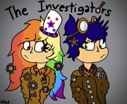 Size: 1009x828 | Tagged: safe, artist:kittycatrittycat, character:rainbow dash, character:soarin', species:human, series:the investigators, ship:soarindash, american, clothing, female, goggles, hat, humanized, male, multicolored hair, shipping, steampunk, straight