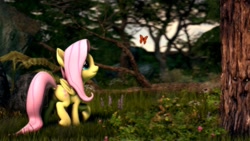 Size: 1280x720 | Tagged: safe, artist:psfmer, character:fluttershy, species:pegasus, species:pony, butt, butterfly, dock, female, flower, forest, grass, mare, plot, rock, solo, tree