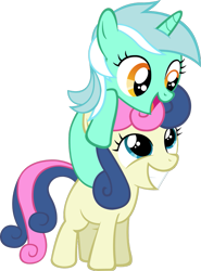 Size: 769x1039 | Tagged: safe, artist:artpwny, character:bon bon, character:lyra heartstrings, character:sweetie drops, species:earth pony, species:pony, species:unicorn, ship:lyrabon, female, filly, grin, happy, lesbian, looking at each other, open mouth, shipping, simple background, smiling, transparent background