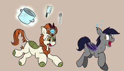 Size: 1061x613 | Tagged: safe, artist:jellymaggot, edit, editor:padgriffin, character:autumn blaze, oc, oc:echo, species:bat pony, species:kirin, species:pony, /mlp/, 4chan, bat pony oc, butcher knife, chase, cleaver, coronavirus, covid-19, drawthread, duo, ear tufts, eyes on the prize, female, fork, gray background, leg fluff, levitation, magic, mare, missing cutie mark, open mouth, pot, raised hoof, running, scared, simple background, sweat, sweatdrop, telekinesis, tongue out, wide eyes