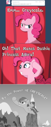 Size: 640x1594 | Tagged: safe, artist:animusvox, artist:biodegradablebox, artist:patec, character:pinkie pie, character:rainbow dash, species:pony, ask tickled pinkie, he-man and the masters of the universe, monochrome, pun