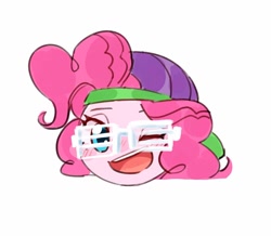 Size: 1024x894 | Tagged: safe, artist:keeerooooo1, character:pinkie pie, my little pony:equestria girls, bust, female, glasses, head only, looking at you, one eye closed, open mouth, portrait, shutter shades, simple background, solo, white background, wink