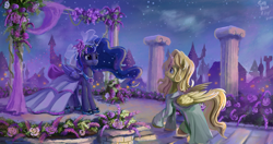Size: 4096x2160 | Tagged: safe, artist:tinybenz, character:princess luna, oc, oc:night finch, species:alicorn, species:pony, alicorn oc, canon x oc, canterlot, clothing, dress, female, flower, horn, horn ring, lavender, lunafinch, male, mare, marriage, night, night sky, ring, royal wedding, shipping, sky, stallion, starry night, straight, wedding, wedding ring