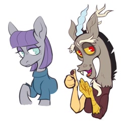 Size: 911x877 | Tagged: safe, artist:occultusion, character:discord, character:maud pie, species:draconequus, species:earth pony, species:pony, clothing, cute, discute, dress, duo, duo male and female, female, looking at you, male, mare, maudabetes, open mouth, raised hoof, simple background, smiling, smiling at you, thumbs up, white background