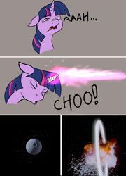 Size: 898x1248 | Tagged: safe, artist:jellymaggot, edit, character:twilight sparkle, species:pony, species:unicorn, /mlp/, 4chan, accident, blast, comic, crossover, death star, explosion, eyes closed, female, floppy ears, hooves, horn, magic, magic beam, magic blast, magical mishap, mare, onomatopoeia, open mouth, sneezing, star wars, vulgar