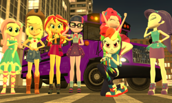 Size: 5120x3072 | Tagged: safe, artist:n3onh100, character:applejack, character:fluttershy, character:pinkie pie, character:rainbow dash, character:rarity, character:sunset shimmer, character:twilight sparkle, character:twilight sparkle (scitwi), species:eqg human, my little pony:equestria girls, 3d, bus, gmod, humane five, humane seven, humane six, school bus