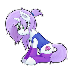 Size: 1350x1350 | Tagged: safe, artist:wellfugzee, oc, oc only, oc:orchid, species:pony, blushing, chest fluff, clothing, cute, cutie mark, female, fluffy, hair over one eye, leg warmers, looking at you, mare, ponytail, shirt, simple background, socks, transparent background
