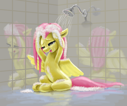 Size: 2457x2045 | Tagged: safe, artist:odooee, character:fluttershy, species:pegasus, species:pony, cute, female, high res, mare, open mouth, reflection, shampoo, shiny skin, shower, showering, shyabetes, sitting, soap, solo, washing, wet mane