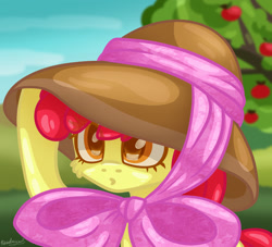 Size: 2200x2000 | Tagged: safe, artist:kindny-chan, character:apple bloom, species:pony, episode:honest apple, g4, my little pony: friendship is magic, adorabloom, apple, apple tree, bust, cheek fluff, clothing, cute, female, hat, high res, portrait, scene interpretation, solo, tree