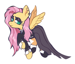 Size: 1333x1138 | Tagged: safe, artist:occultusion, character:fluttershy, species:pegasus, species:pony, februpony, episode:fake it 'til you make it, alternate hairstyle, clothing, dress, ear piercing, earring, eyeshadow, female, fluttergoth, fluttershy is not amused, flying, goth, hoof shoes, jewelry, long skirt, looking at you, makeup, mare, piercing, raised hoof, shirt, simple background, skirt, socks, solo, unamused, white background