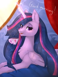 Size: 1536x2048 | Tagged: safe, artist:siripim111, character:twilight sparkle, character:twilight sparkle (alicorn), species:alicorn, species:pony, episode:the last problem, g4, my little pony: friendship is magic, bed, bedroom eyes, chest fluff, crepuscular rays, cup, cute, ear fluff, female, glowing horn, good morning, horn, leg fluff, looking at you, mare, morning ponies, older, older twilight, on bed, open mouth, princess twilight 2.0, prone, solo, teacup, twiabetes