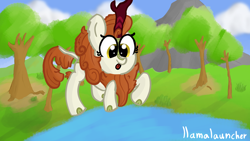 Size: 3840x2160 | Tagged: safe, artist:llamalauncher, character:autumn blaze, species:kirin, female, jumping, lake, mountain, solo, tongue out, tree