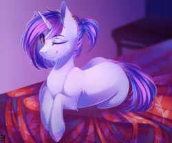 Size: 979x816 | Tagged: safe, artist:bambudess, oc, oc only, oc:purpleflare, species:pony, species:unicorn, bed, bedroom, commission, ear piercing, earring, femboy, jewelry, looking at you, lying down, male, one eye closed, piercing, solo, wink