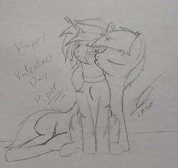 Size: 3024x2857 | Tagged: safe, artist:darthalex70, oc, oc only, oc:cradle, oc:piper, species:pony, species:unicorn, blushing, collar, cork, holiday, horn, horn guard, kiss on the cheek, kissing, traditional art, valentine's day