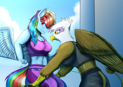 Size: 3508x2480 | Tagged: safe, artist:mantarwolf, character:gilda, character:rainbow dash, species:anthro, species:griffon, species:pegasus, species:pony, ship:gildash, breasts, busty rainbow dash, clothing, cloud, duo, female, high res, lesbian, mare, midriff, pants, requested art, shipping, sky, sports bra