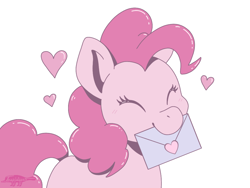 Size: 1024x768 | Tagged: safe, artist:imaplatypus, character:pinkie pie, species:earth pony, species:pony, cute, diapinkes, envelope, eyes closed, female, happy, heart, holiday, letter, mare, mouth hold, simple background, smiling, solo, three quarter view, valentine's day, white background