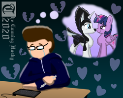 Size: 2258x1800 | Tagged: safe, artist:mrchaosthecunningwlf, artist:ponyvillechaos577, character:twilight sparkle, character:twilight sparkle (alicorn), oc, oc:frost cloud, species:alicorn, species:dog, species:human, species:pony, episode:hearts and hooves day, g4, my little pony: friendship is magic, alicorn oc, boop, canon x oc, crossbreed, daydream, depressed, drawing tablet, explanation in the description, fantasy, female, holiday, husky, hybrid, lonely, male, mare, sad, twifrost, valentine's day, vent art