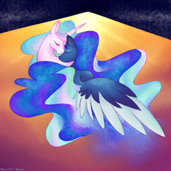 Size: 2000x2000 | Tagged: safe, artist:puddingskinmcgee, character:princess celestia, character:princess luna, species:alicorn, species:pony, duo, ethereal mane, eyes closed, female, galaxy mane, nuzzling