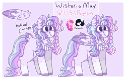 Size: 2500x1556 | Tagged: safe, artist:journeewaters, character:princess cadance, oc, oc:pelito, oc:wisteria may, parent:oc:pelito, parent:princess cadance, parents:canon x oc, species:pegasus, species:pony, chest fluff, female, mare, offspring, reference sheet, tail feathers