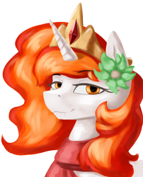 Size: 2426x3000 | Tagged: safe, artist:dukevonkessel, oc, species:alicorn, species:pony, alicorn oc, bust, clothing, commission, fangs, female, flower, flower in hair, jewelry, portrait, regalia, scarf, simple background, smiling, solo, transparent background