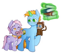 Size: 1280x1165 | Tagged: safe, artist:occultusion, character:dusty pages, oc, oc:harmony star, oc:lolly, species:alicorn, species:pony, episode:the point of no return, g4, my little pony: friendship is magic, alicorn oc, book, levitation, magic, monkey, mouth hold, no pupils, one eye closed, pet oc, simple background, telekinesis, transparent background, wingless, wink