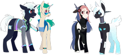 Size: 2960x1334 | Tagged: safe, artist:sychia, oc, oc only, oc:al.ii, oc:cyber heart (ice1517), oc:cyber-wave, oc:hack tool, species:earth pony, species:pony, species:unicorn, amputee, armor, binary, boots, chinese, clothing, colored sclera, commission, confused, cyborg, cyborg pony, ear piercing, earpiece, earring, eyepatch, female, headphones, heart, jacket, jewelry, leather jacket, male, mare, open mouth, piercing, prosthetic horn, prosthetic limb, prosthetics, question mark, raised hoof, robot, robot pony, shocked, shoes, simple background, stallion, sunglasses, tank top, transparent background, vest, watch, wristwatch