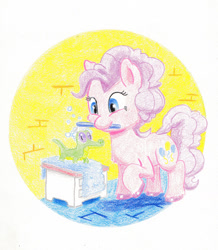 Size: 1280x1471 | Tagged: safe, artist:lost marbles, character:gummy, character:pinkie pie, species:earth pony, species:pony, alligator, bath, brush, cleaning, colored pencil drawing, cute, female, mare, soap, soap bubble, traditional art