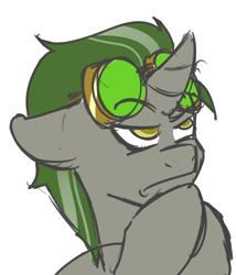 Size: 2059x2401 | Tagged: safe, artist:vivofortissimo, oc, oc:doctor atom, species:pony, species:unicorn, goggles, hoof on chin, male, offscreen character, solo, stallion, thinking