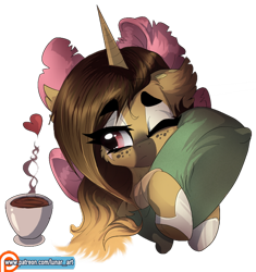 Size: 600x637 | Tagged: safe, artist:a-lunar-eclipse, oc, oc only, oc:warcry, species:pony, species:unicorn, coffeee, patreon, patreon logo, pillow, simple background, solo, transparent background