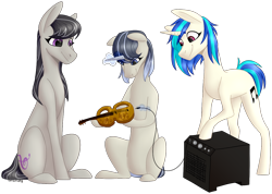Size: 1280x909 | Tagged: safe, artist:sychia, character:dj pon-3, character:octavia melody, character:vinyl scratch, oc, parent:octavia melody, parent:vinyl scratch, parents:scratchtavia, species:earth pony, species:pony, species:unicorn, ship:scratchtavia, commission, electric violin, female, lesbian, levitation, magic, magical lesbian spawn, mare, musical instrument, offspring, raised hoof, shipping, simple background, sitting, speakers, telekinesis, transparent background, violin
