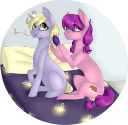 Size: 914x898 | Tagged: safe, artist:sychia, character:dinky hooves, character:lily longsocks, species:earth pony, species:pony, species:unicorn, bed, circle, comb, cute, dinkabetes, dinkily, duo, female, lesbian, mare, older, pillow, raised hoof, shipping, simple background, sitting, transparent background