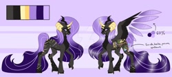 Size: 1280x576 | Tagged: safe, artist:irennecalder, oc, alpharian, deviantart watermark, female, obtrusive watermark, original species, reference sheet, solo, three horns, two toned wings, watermark, wings