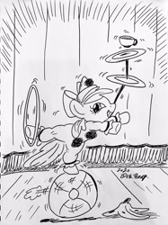Size: 2885x3860 | Tagged: safe, artist:debmervin, character:apple bloom, species:earth pony, species:pony, banana peel, clown, female, loop-de-hoop, monochrome, plate spinning, ponies balancing stuff on their nose, solo, traditional art