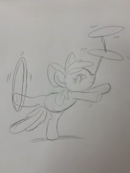 Size: 3024x4032 | Tagged: safe, artist:debmervin, character:apple bloom, species:earth pony, species:pony, female, loop-de-hoop, monochrome, plate spinning, ponies balancing stuff on their nose, sketch, solo, traditional art