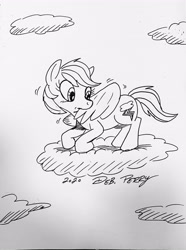 Size: 2838x3809 | Tagged: safe, artist:debmervin, character:rainbow dash, species:pegasus, species:pony, cloud, female, grooming, monochrome, preening, solo, traditional art, wings