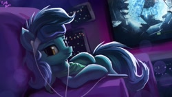 Size: 1920x1080 | Tagged: safe, artist:tinybenz, oc, oc only, species:earth pony, species:pony, commission, couch, earbuds, female, goggles, loading screen, mare, not lyra, solo, stellaris